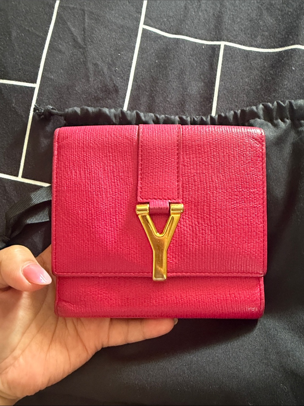 Authentic Yves Saint Laurent Hot Pink Leather Wallet with Gold Y-Clasp